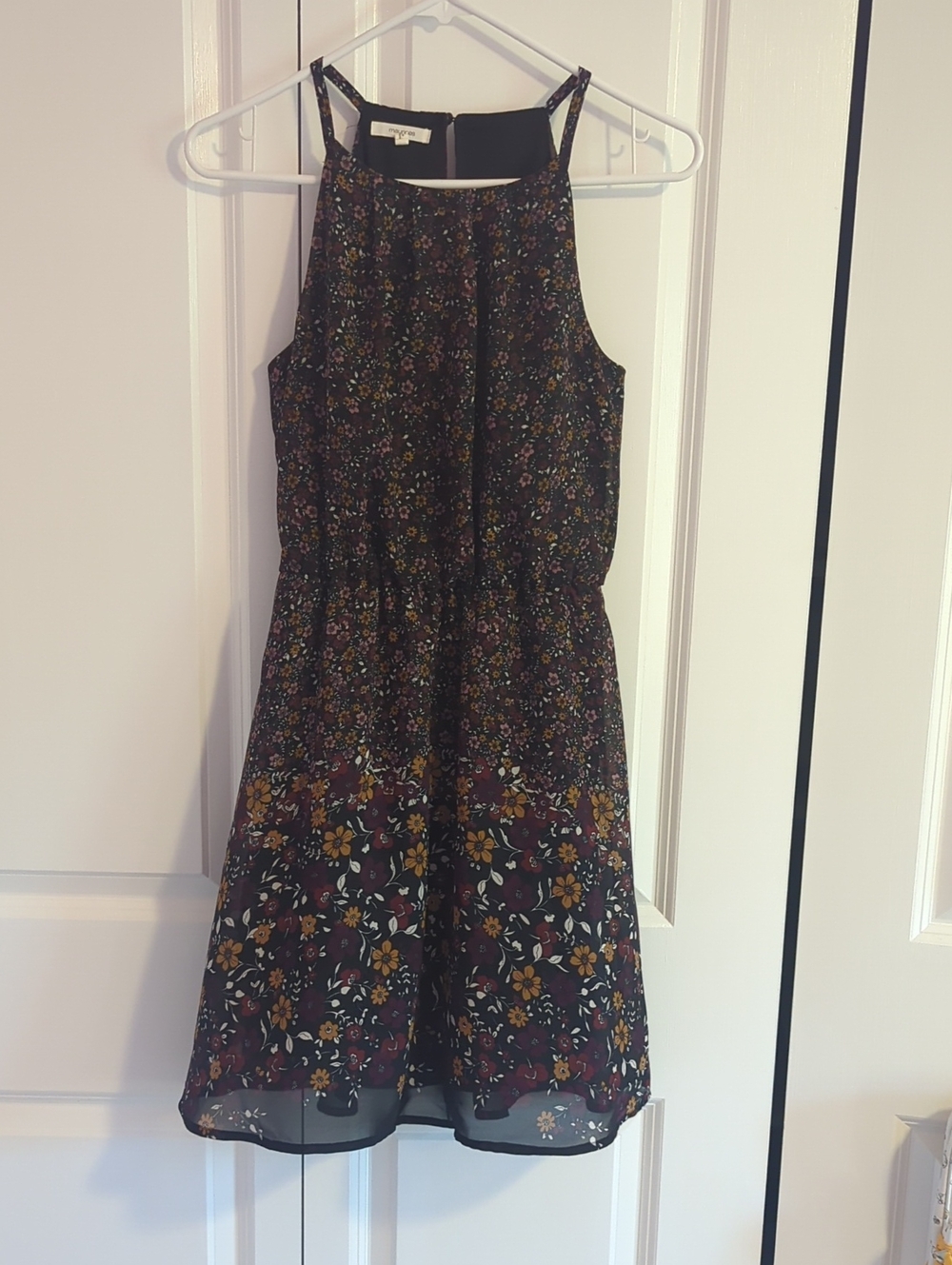 Floral Halter Neck Summer Dress - Black with Mustard Floral